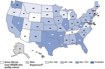 Rates: 3 states are 4.4-6.6, 20 states are 6.7-8.9, 13 states are 9.0-11.1, 2 states data suppressed, other states did not meet criteria 