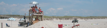 Lifeguards sitting on stand overlooking the beach.