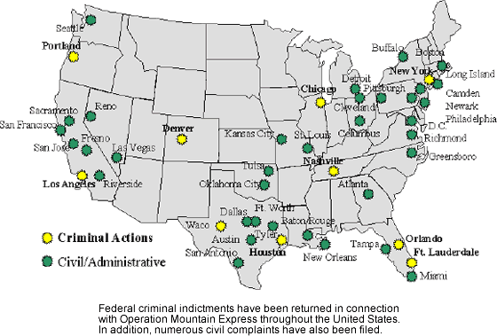 Federal criminal indictments have been returned in connection with Operation Mountain Express throughout the United States.  In addition, numerous civil complaints have also been filed.