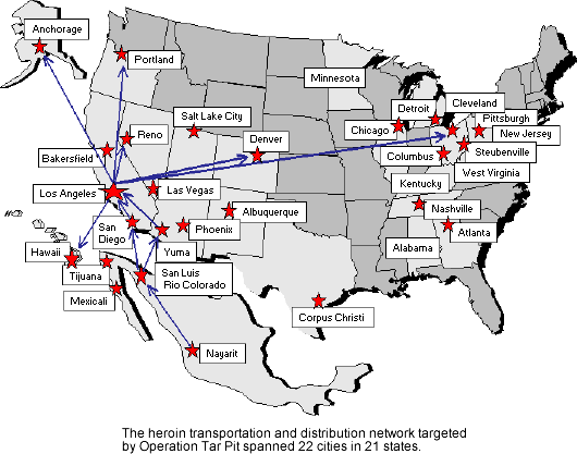 The heroin transportation and distribution network targeted by Operation Tar Pit spanned 22 cities in 21 states.