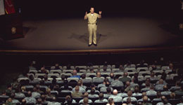 Chairman of the Joint Chiefs of Staff, U.S. Navy Adm. Mike Mullen answers questions at an all hands call with Command and General Staff College students, Ft. Levenworth, Ks., Oct. 23, 2007.