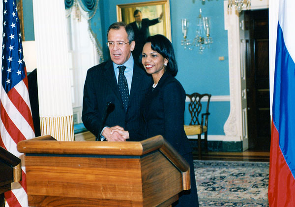Secretary Rice shakes hands with Russian Foreign Minister Lavrov.  State Dept. photo Mar. 3, 2006
