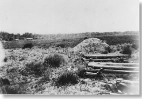 Mound of earth in sparsely vegetated landscape. Small house in far background