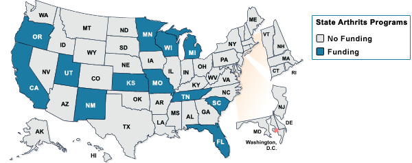 Image of United States Map. Please click on your state for information on your state's Arthritis Program.