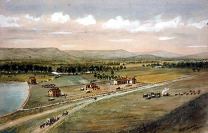 Painting of Whitman Mission as imagined by William Henry Jackson based on written descriptions.