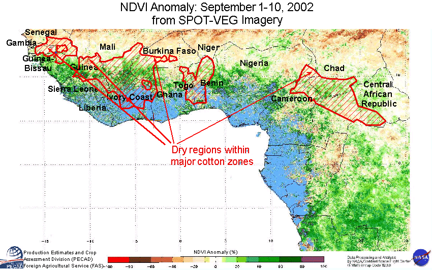 Dry regions within major cotton zones.