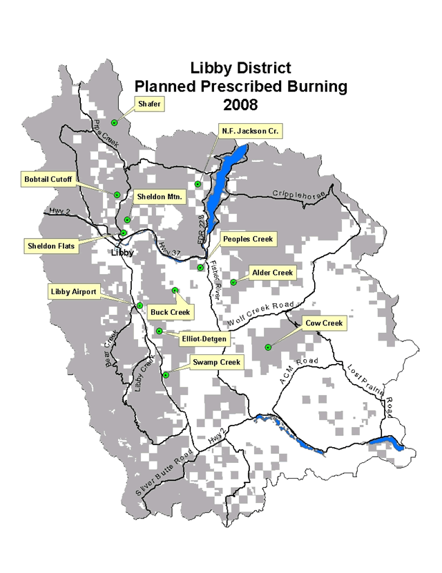 Libby district map showing planned prescribed burns for 2008.