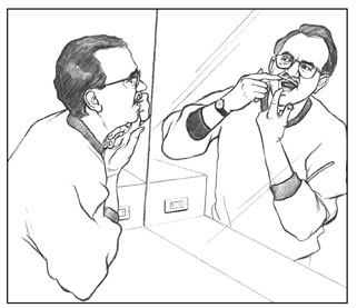 Drawing of a man holding his mouth open with his fingers and looking in a mirror to check his teeth and gums for signs of problems.