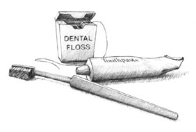 Drawing of a container of dental floss, a tube of toothpaste, and a toothbrush.