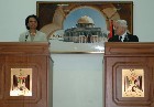 Secretary Rice and Palestinian Authority President Mahmoud Abbas at podium during joint press availability. State Dept. photo