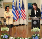 Secretary Rice with Greek Foreign Minister Theodora Bakoyannis speak to the press after their meeting. State Department photo by Joellen Duckett.