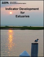 Cover of the Indicator Development manual with a photograph of the sun setting over a Maryland Coastal Bay