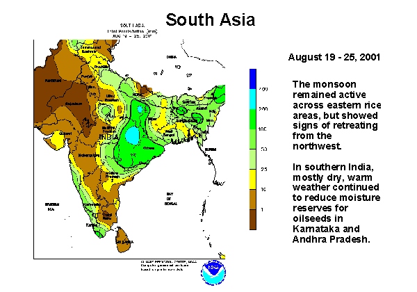 India - The monsoon remained active across eastern rice areas, but showed signs of retreating from the northwest.  In the south, mostly dry, warm weather continued to reduce moisture reserves for oilseeds in Karnataka and Andhra Pradesh.