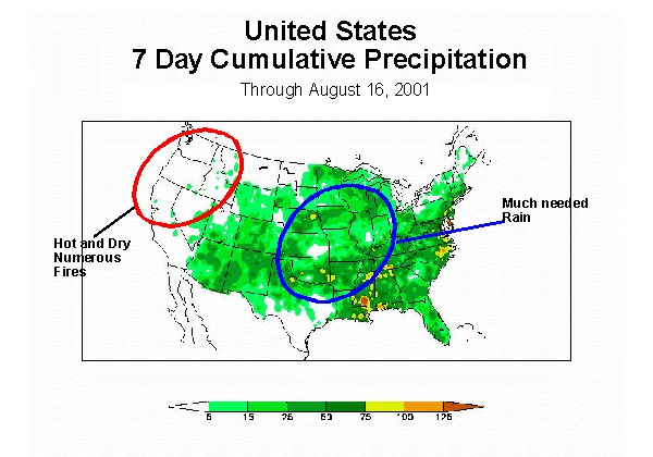 United States - 7 Day Cumulative Precipitation through Aug. 16, 2001