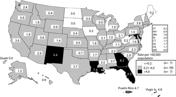 Figure 27. Primary and secondary syphilis - Rates by state: United States and outlying areas, 2004