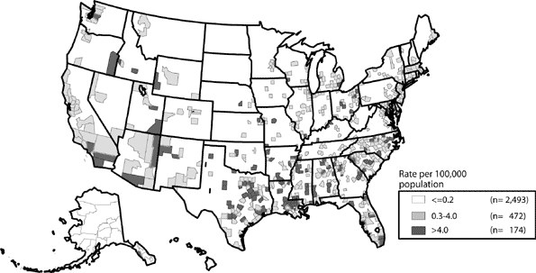 Figure 28. Primary and secondary syphilis - Rates by county: United States, 2004