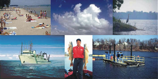 Collage of photos of beach, clouds, heron, Lake Guardian research ship, walleye fisherman, dredge