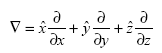 Equation 55. Equation. the gradient equals the sum of the partial derivative of unit vector x with respect to x, the partial derivative of unit vector y with respect to y, and the partial derivative of unit vector z with respect to z.