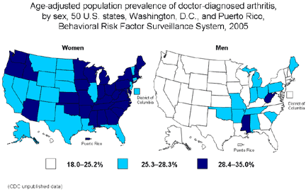 Maps showing the age-adjusted population prevelance fo doctor-diagnosed arthritis, by sex, 50 U.S. states, Washington, D.C., and Puerto Rico, BRFSS, 2005