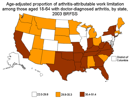 Map showing age-adjusted proportion of arthritis-attributable work limitation among those aged 18-64 with doctor-diagnosed arthritis, by state, 2003 BRFSS