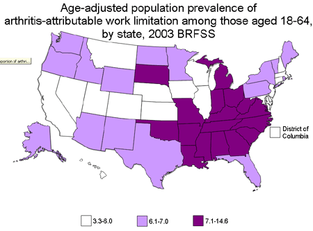 Map showing age-adjusted population prevalence of arthritis-attributable work limitation among those aged 18-64, by state, 2003 BRFSS