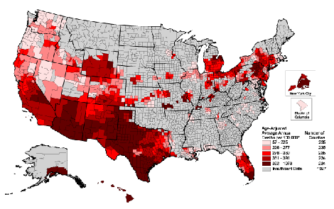 Heart Disease Death Rates for 1996 through 2000 for Hispanics Aged 35 Years and Older by County. The map shows that concentrations of counties with the highest heart disease rates - meaning the top quintile - are located primarily in the southwestern states of Arizona, New Mexico and Texas.