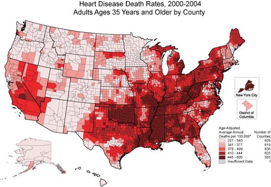 Heart Disease Death Rates for 2000 through 2004 of Adults Aged 35 Years and Older by County. The map shows that concentrations of counties with the highest heart disease rates - meaning the top quintile - are located in Appalachia, along the southeast coastal plains, inland through the southern regions of Georgia and Alabama, and up the Mississippi River Valley.