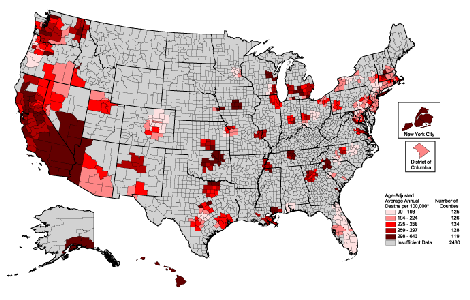 Heart Disease Death Rates for 1996 through 2000 for Asians and Pacific Islanders Aged 35 Years and Older by County. The map shows that concentrations of counties with the highest heart disease rates - meaning the top quintile - are located primarily in California, southern Nevada and western Arizona.