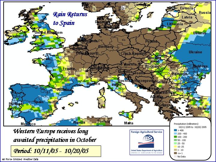 Western Europe receives long awaited precipitation in October as rains fall on Portugal, Spain, and southwest France.