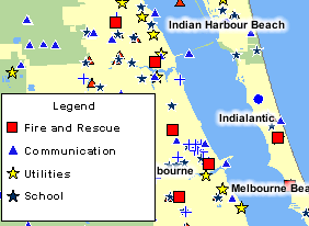 Map showing critical facilities for coastal florida