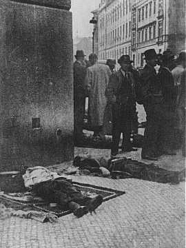 SS General Reinhard Heydrich's assassins, Czech partisans, lie dead in front of the Carlo Boromeo Church (now the St. Cyril and Methodius Church). Prague, Czechoslovakia, June 1942.