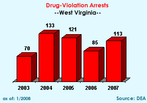 Drug-violation arrests chart: 2003=70, 2004=133, 2005=121, 2006=85, 2007=113