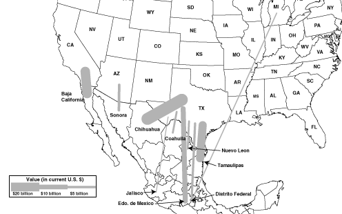 Map a - U.S.-Mexico Top State Flows for Merchandise Trade by Truck, U.S. exports to Mexico: 1999. If you are a user with a disability and cannot view this image, please call 800-853-1351 or email answers@bts.gov for further assistance.