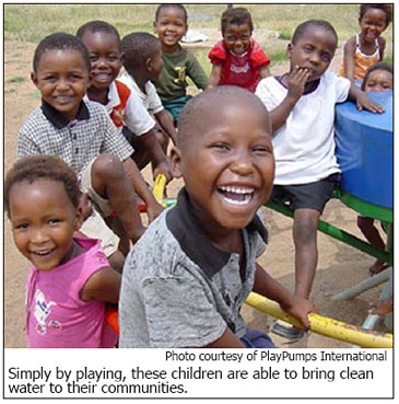 Simply by playing, these children are able to bring clean water to their communities. Photo courtesy of PlayPumps International