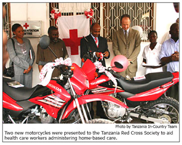 Two new motorcycles were presented to the Tanzania Red Cross Society to aid health care workers administering home-based care. Photo by Tanzania In-Country Team