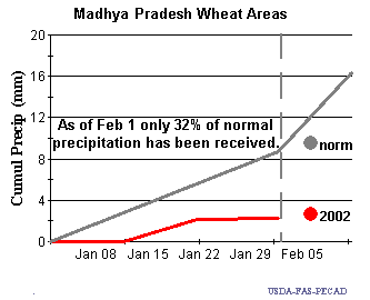 Graph comparing cumulative precipitation for 2002 vs. normal in Madhya Pradesh wheat growing areas