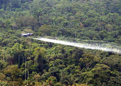 A National Police OV-10 plane sprays herbicides over a coca field in Colombia. [AP/WWP file photo]