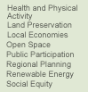 health and physical activity, land preservation, local economies, open space, publi participation, regional planning, renewable energy, social equity