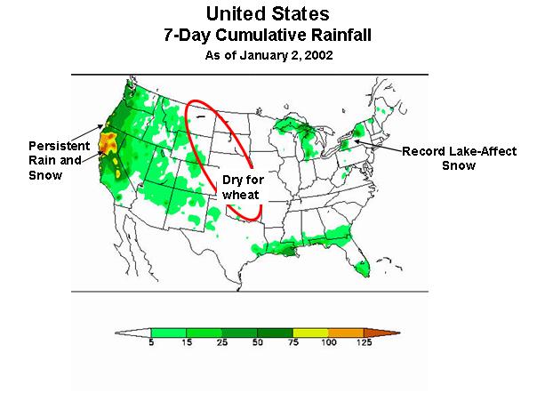 U.S. weather map showing 7-day precipitation ending Jan. 2, 2002