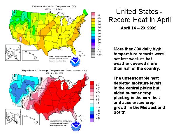 U.S. maps showing extreme maximum temperature and departure of average temperature from normal (April 14-20, 2002)