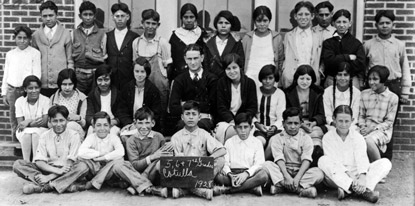 Lyndon B. Johnson with his first pupils at the Welhausen School in Cotulla, Texas 