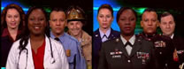 Servicemembers in civilian dress and in military uniforms.