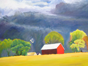 Painting of a bright red barn on a yellow prairie flanked by green and yellow trees under a stormy gray sky.