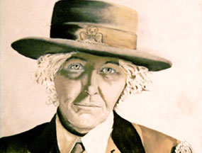 Portrait painting of woman in 1920s girl scout uniform, in monochrome sepia hues.