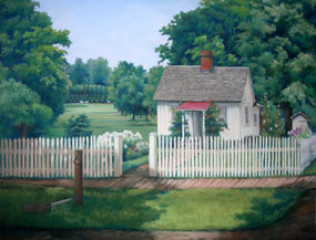 Pastel of a small white cottage with a white picket fence and green trees with a view of a gravesite on a hill beyond.