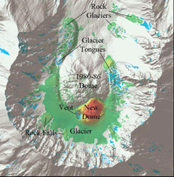 Elevation differences in the crater were found between two airborne LIDAR surveys conducted in September, 2003 and October 4, 2003.