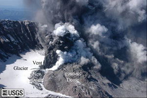 Photograph taken on October 1, 2004 of renewed volcanic activity within the crater formed by the eruption of Mount St. Helens in 1980.