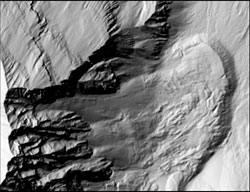 Still from animation shows topographic changes in the northwest part of the crater, depicting a rock glacier moving downslope to the northeast.