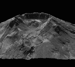 Still from computer generated fly-through animation of the black and white IKONOS satellite image draped onto the LIDAR mapping topography data shows Mount St. Helens as it appeared on October 4.
