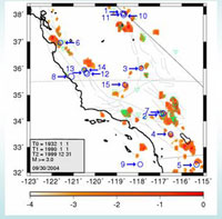 Fifteen large earthquake events over a 5 magnitude occurred in Calif. or So. Calif. They are depicted above by the blue circles numbered 1-15.